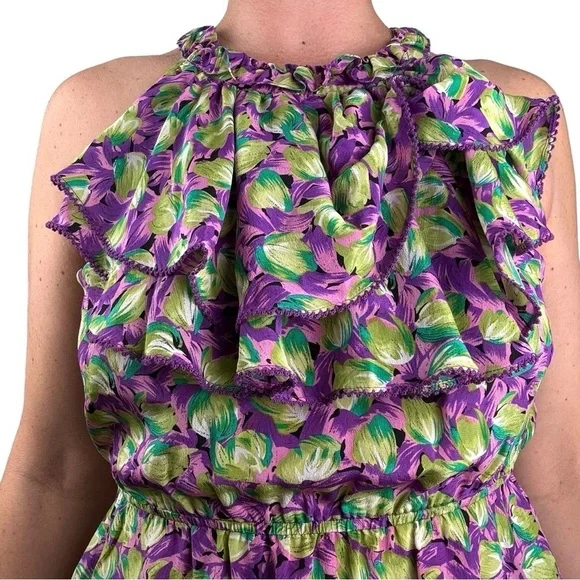 Odille Anthropologie 100% Silk Floral Ruffle Blouse Sleeveless Girly‎ Coquette - Picture 3 of 15